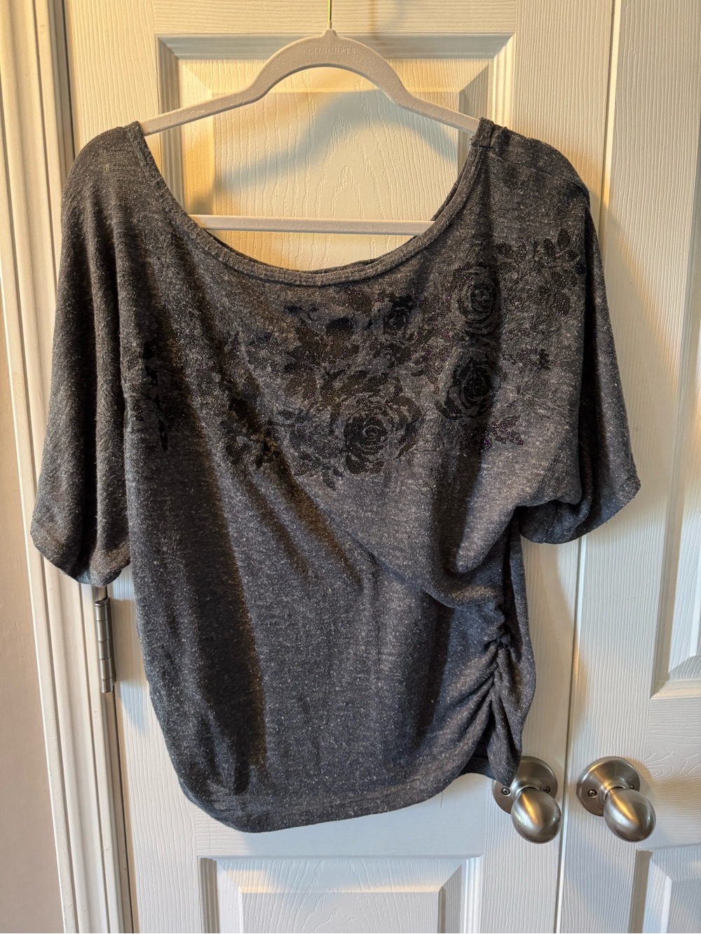 Vanity Charcoal Gray glitter Floral Scoop-Neck Short Sleeve Top